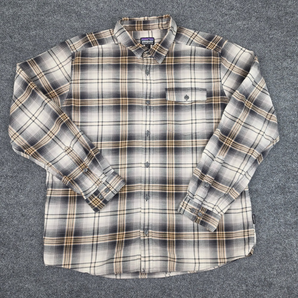 Patagonia Fjord Flannel Shirt Mens L Gray Tan Plaid Cotton Lightweight Button Up